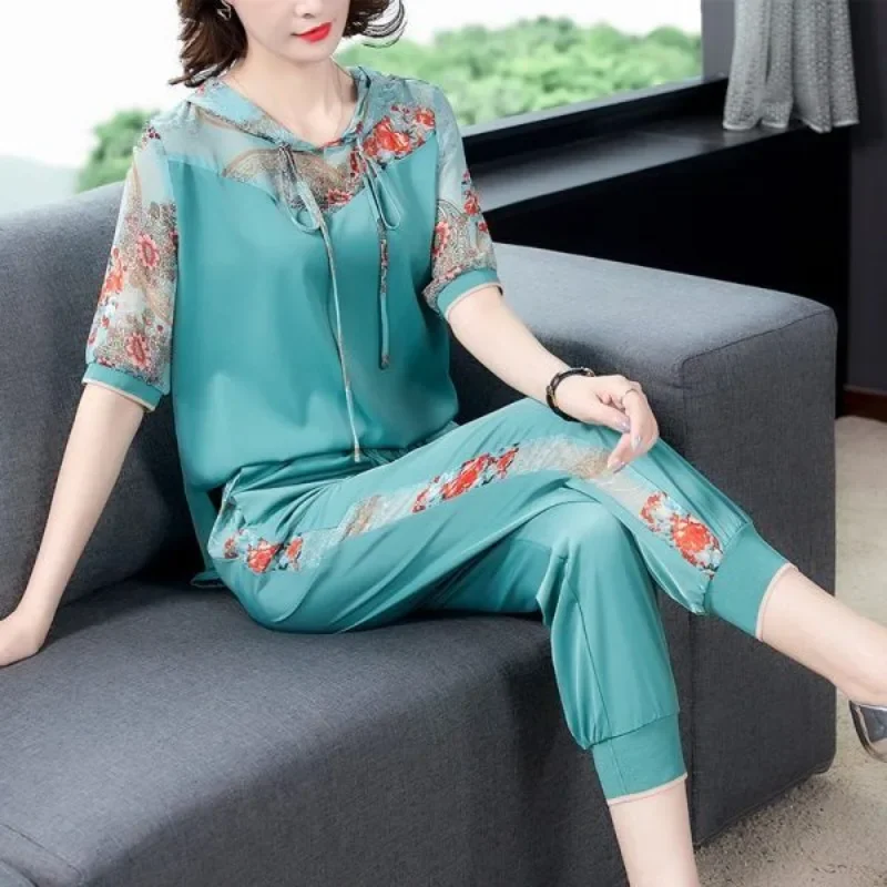 

Women's Fashion Casual Suit 2025 Summer New Harlan Pants Trousers and Hooded Top Two piece Sets Middle-aged and Elderly Mom Suit