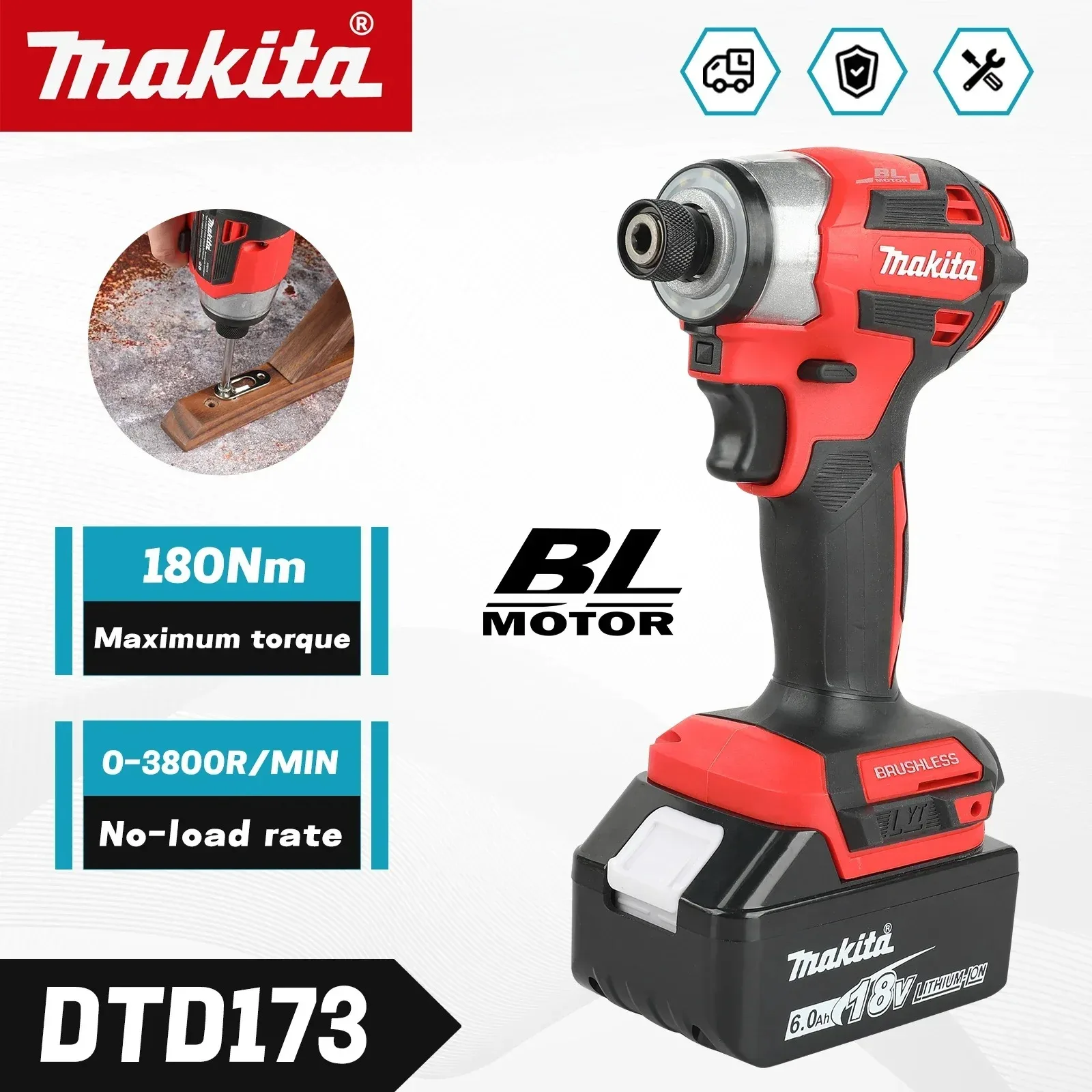 

Аккумуляторный ударный гайковерт Makita DTD173, 1800 об/мин, 180 Нм, с бесщеточным двигателем, электрическая дрель, режим T, для аккумуляторов Makita