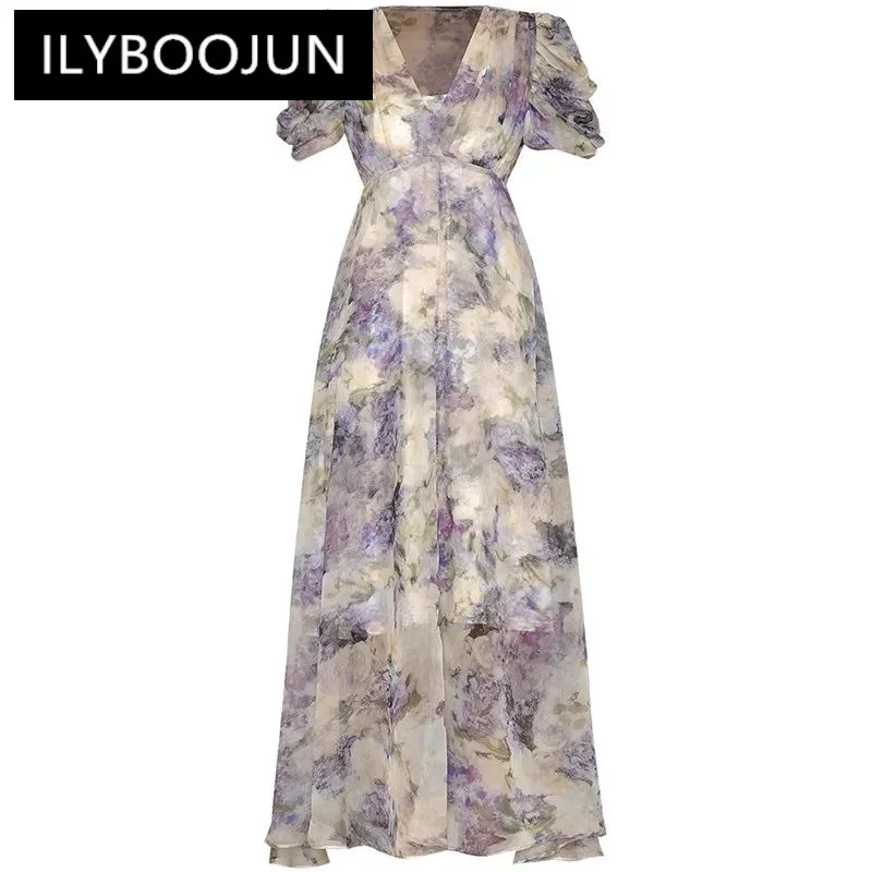 

ILYBOOJUN Fashion Women's New Vintage V-Neck Pleated Puff Sleeved Elegant Chic Printed Gown Camisole Summer Floral Maxi Dresses