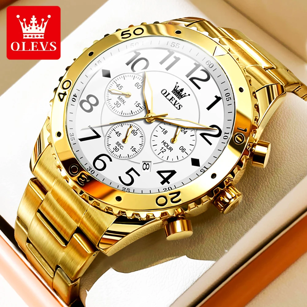 OLEVS Men's Watches Large Arabic Numerals Dial Original Wristwatch for Man Chronograph 24 Hour Date Waterproof Luminous