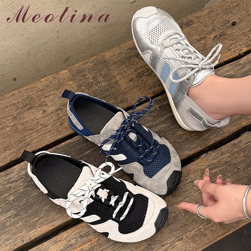 

Meotina Women Sneakers Round Toe Flats Mixed Colors Lace-up Concise Ladies Fashion Casual Shoes Spring Autumn Blue Silver 40