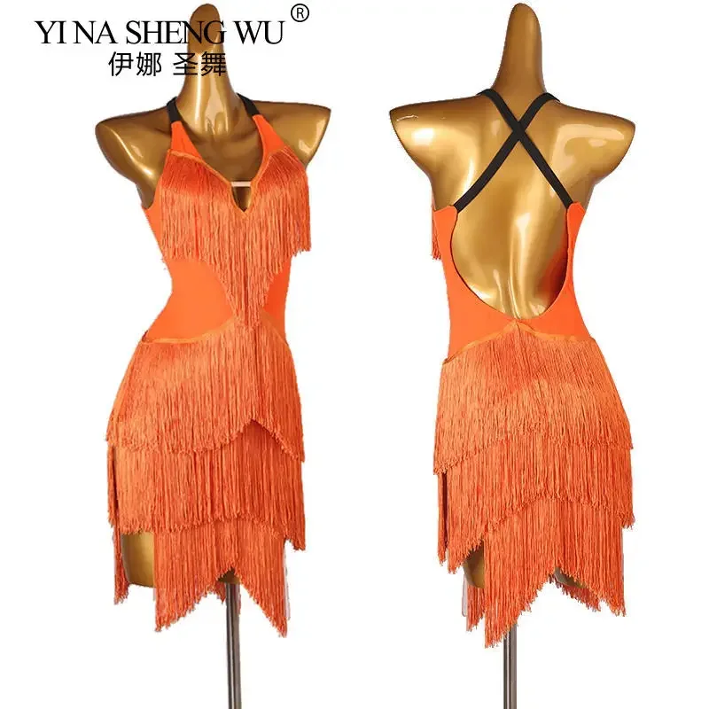 Abito da ballo sexy con frange senza schienale da donna Costume latino Cha Cha Rumba con scollo a V Nappa Abbigliamento da spettacolo Samba Tango Stage Outfit