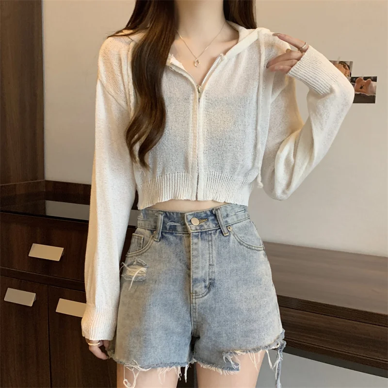 

Летний тонкий вязаный кардиган из ледяного шелка с завязками, повседневный, универсальный, на молнии, в уличном стиле