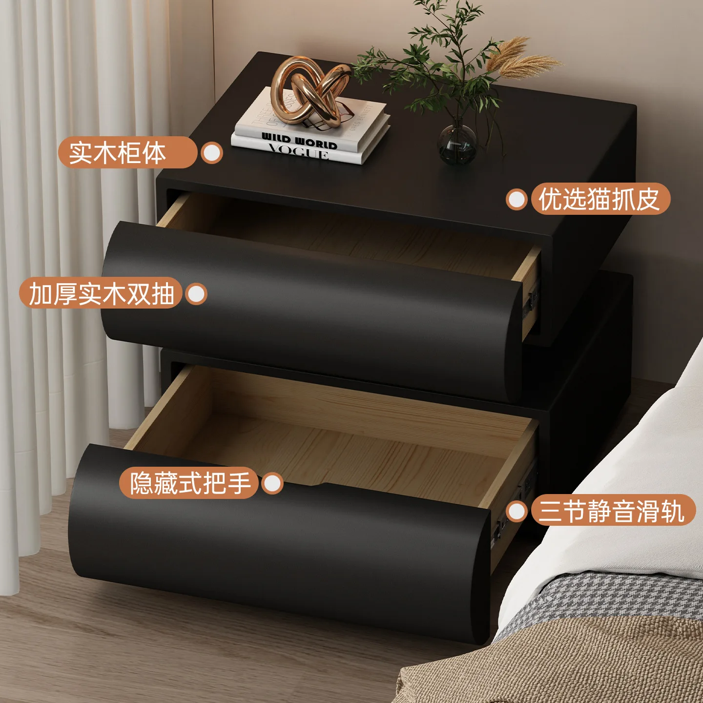 Solid wood bedside table bedroom small light luxury high-end sense creative design sense niche suspended storage cabinet