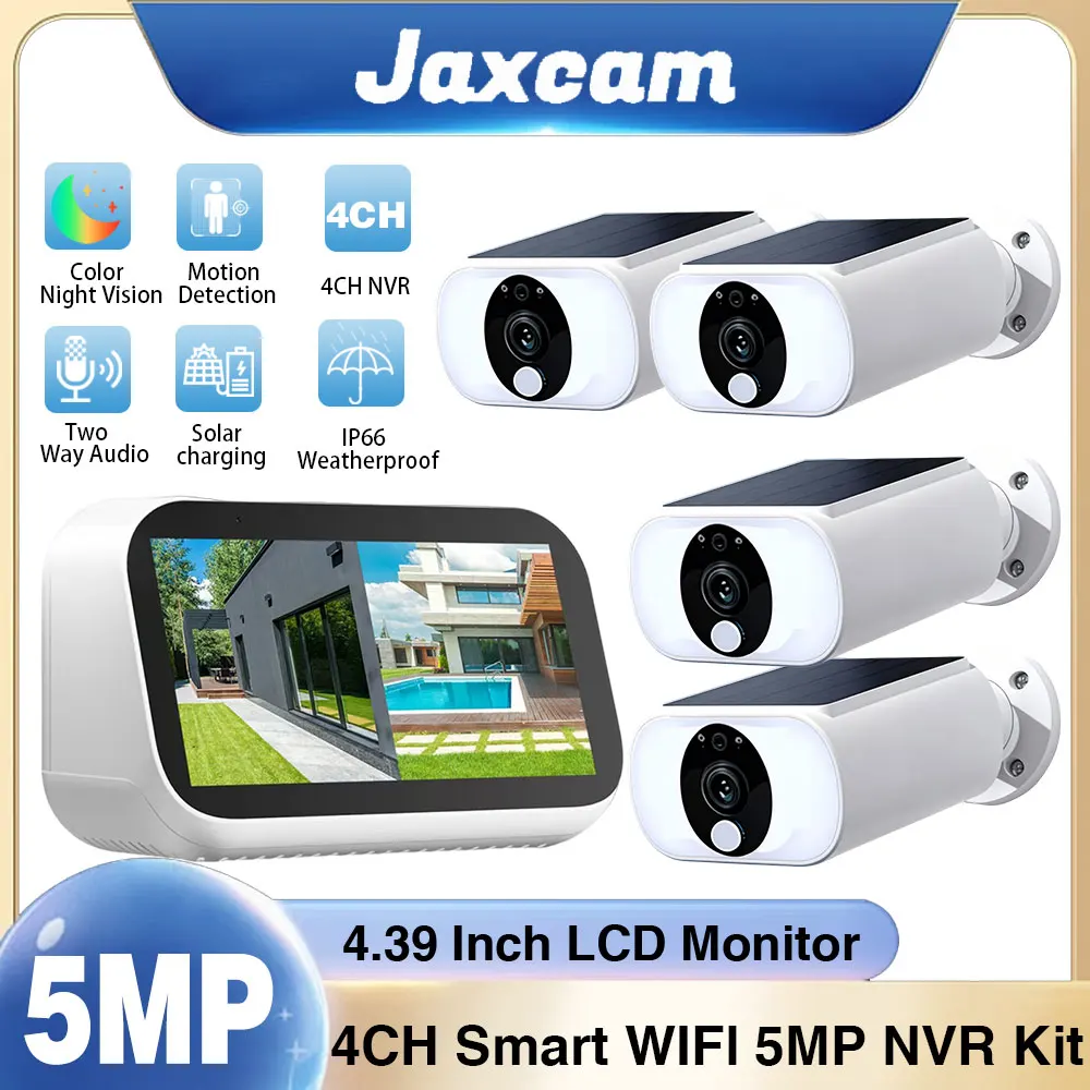 5MP Outdoor Solar Surveillance Camera Kit 4CH 4.39 Inch NVR WiFi Security Cameras Set PIR Humanoid Detection Color Night Vision