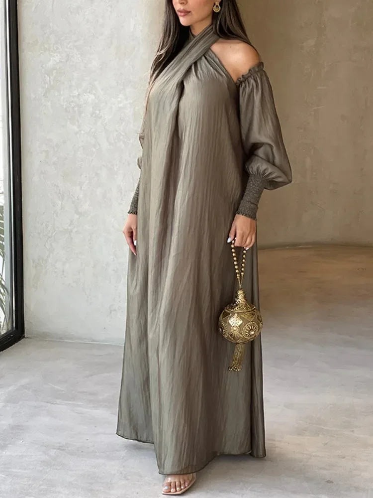 Freeacy 2024 New Loose Fit Polyester Dress Solid Color Halterneck Cold Shoulder Long Sleeve Dress Eleagnt Evening Party Dress