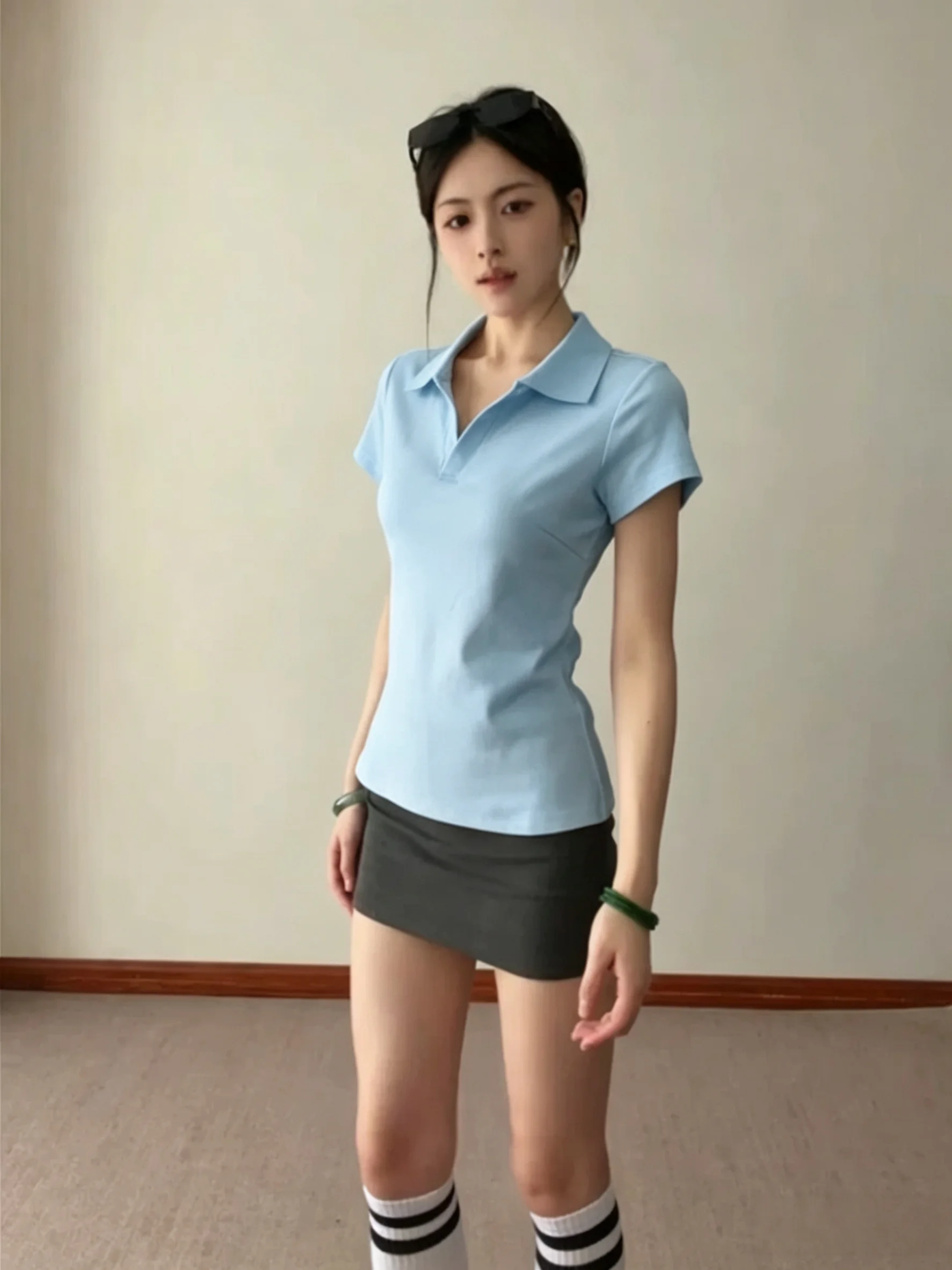 Summer Women's Short Sleeve T-Shirt 95 Cotton  Shirt Slim Fit Pure Color Turn-down Collar Big Size Casual Comfortable Top