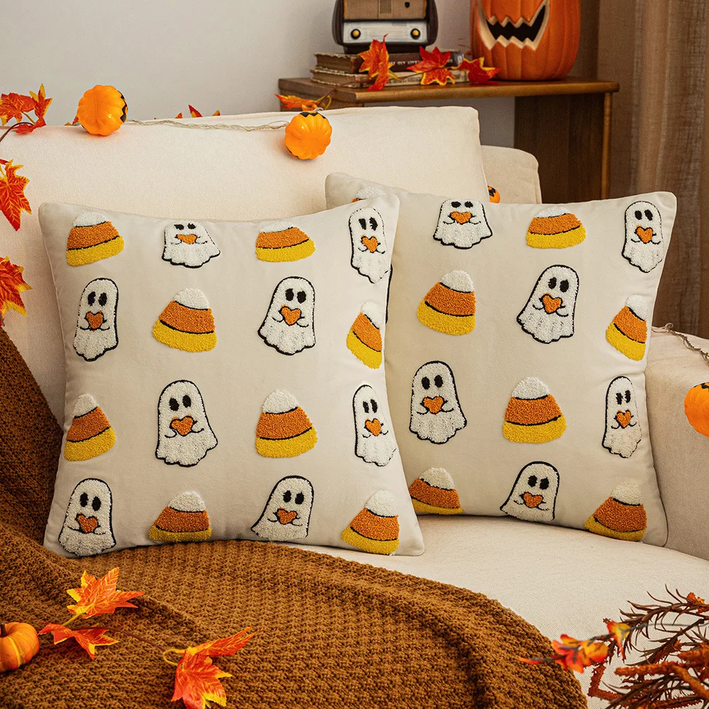 Halloween Cushion Cover 18x18 Inch Creepy Cartoon Embroidery Pillow Case Gothic Horror Decor Scary Sofa Throw Pillow Cover Party