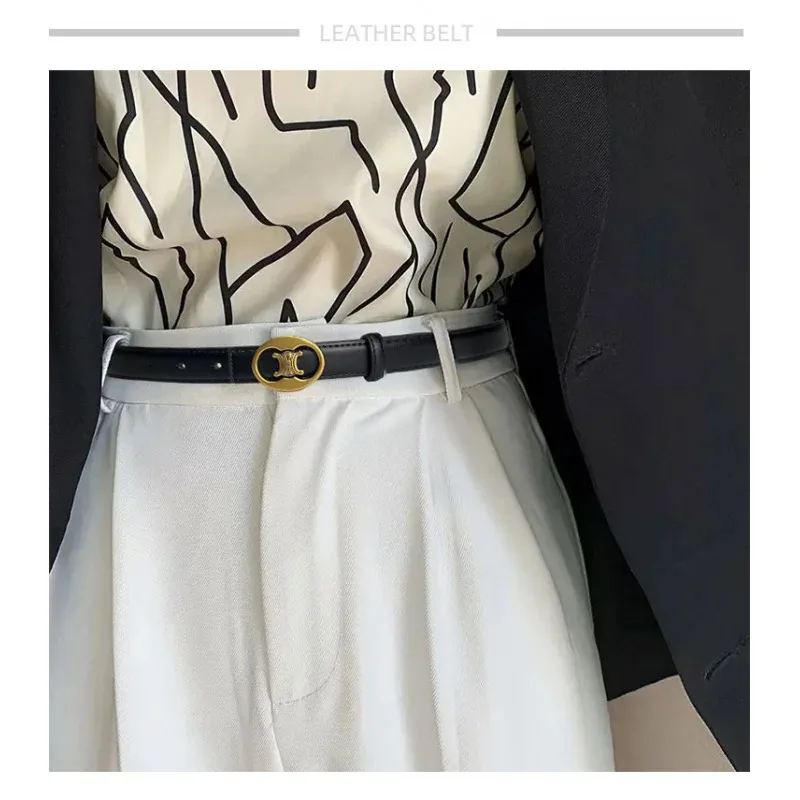 Women's Belt Versatile Retro Bronze Buckle Cowhide Thin Belt 2.3 Simple and Elegant Decorative Dress Suit Apparel Accessories