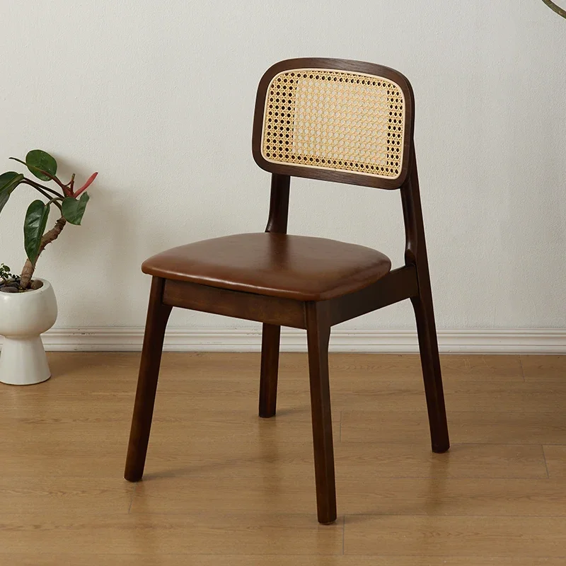 Solid Wood Dining Chairs For Home Dining Casual And Simple Commercial Use Retro Rattan Woven Backrest Stool
