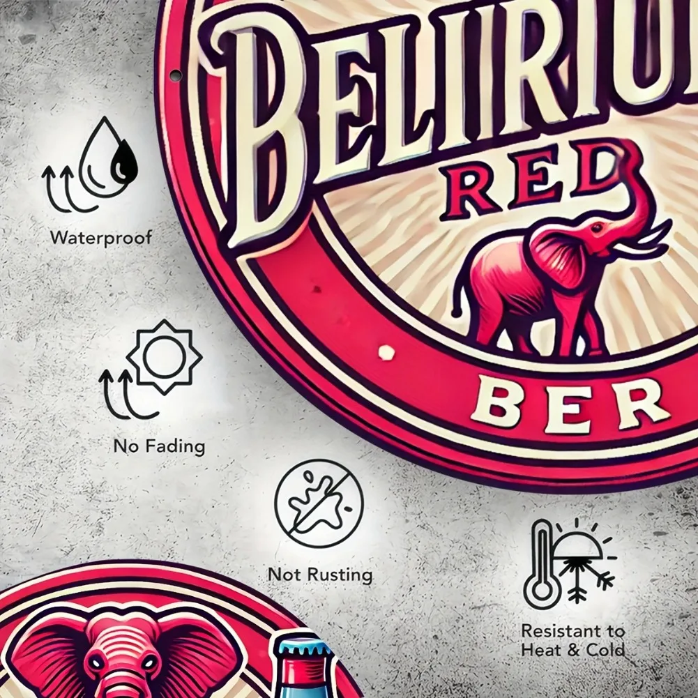 1 قطعة 8x8 "علامة ألومنيوم مستديرة عتيقة-تصميم فيل البيرة الحمراء الهذابة ، ديكور مقاوم للبهتان لمطبخ البار والمطعم