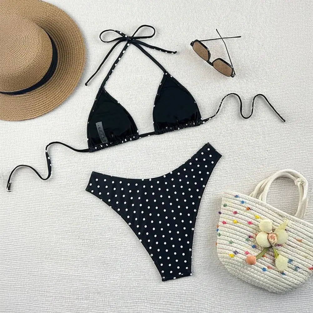 

Пляжный комплект из двух предметов: бикини в горошек с треугольными чашечками, женский купальник, сексуальный топ на бретелях и стринги для пляжа и вечеринок у бассейна