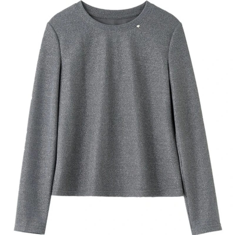 SENTUBILA المرأة لامع شين متماسكة تي شيرت 2025 الخريف الجولة الرقبة سليم تيشيرت ضيق بأكمام طويلة تخفيف بسيط الأعلى 153TN2710