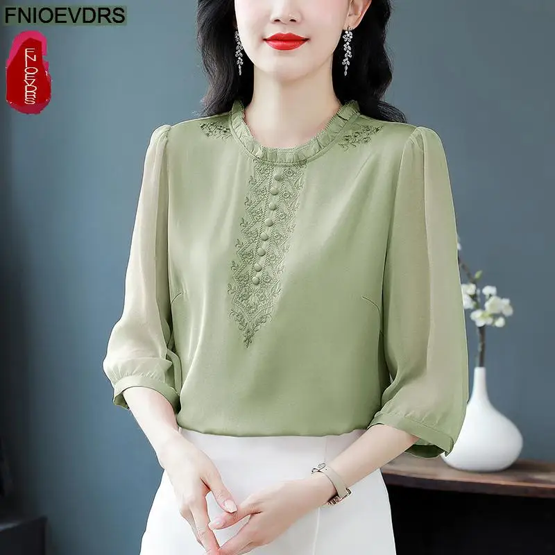 2024 Fashion Button Ruffles Tops Women Basic Wear Office Lady Stand Collar Pink Purple Green Elegant Retro Vintage Shirts Blouse