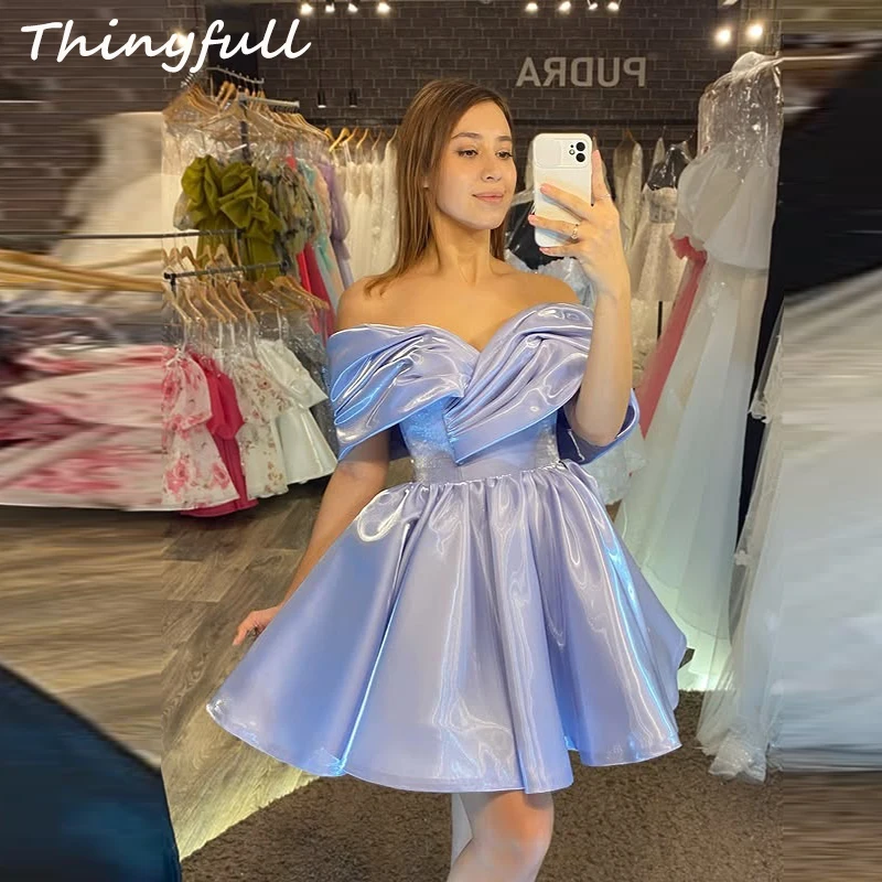 

Thinyfull A-line Short Prom Dresses Off Shoulder Shiny Satin Evening Gown Mini Homecoming Dress robes de soirée Customized