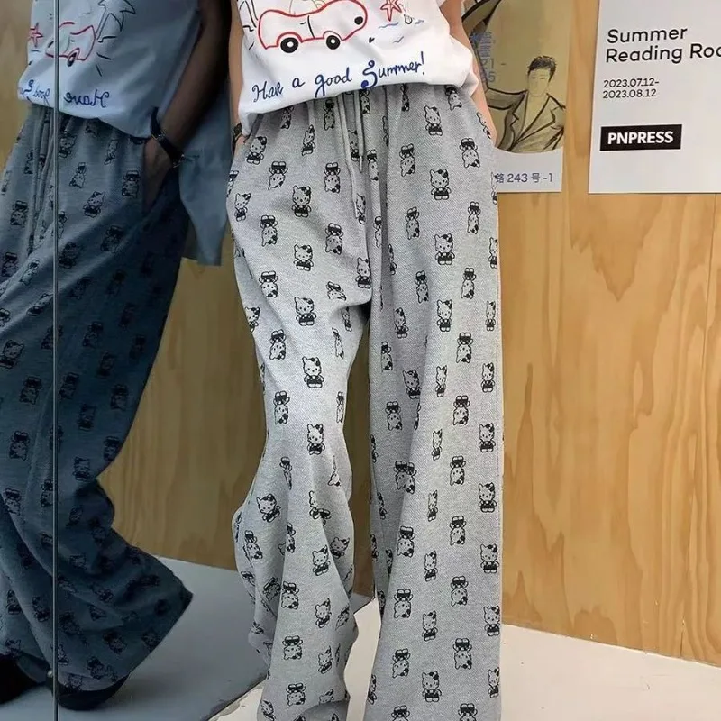 Miniso Sanrio Hollo Kitty Cartoon Anime Milk Silk Short Sleepy Pants Grey KT Cat Printed Breathable High Waist Wide Leg Pants