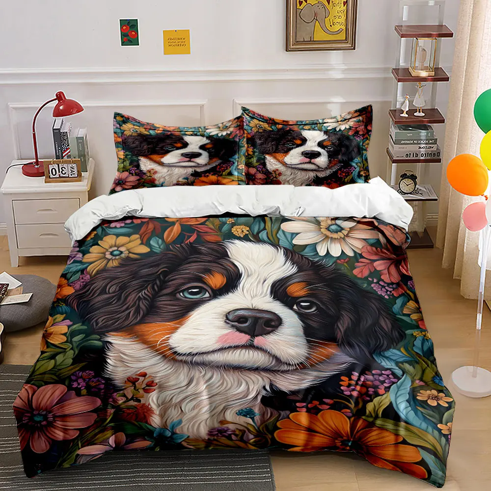 Adorable dog with colorful floral background Print Bedding Set 1 Duvet Cover 2 Pillowcases for Adult and Children Luxury Gift