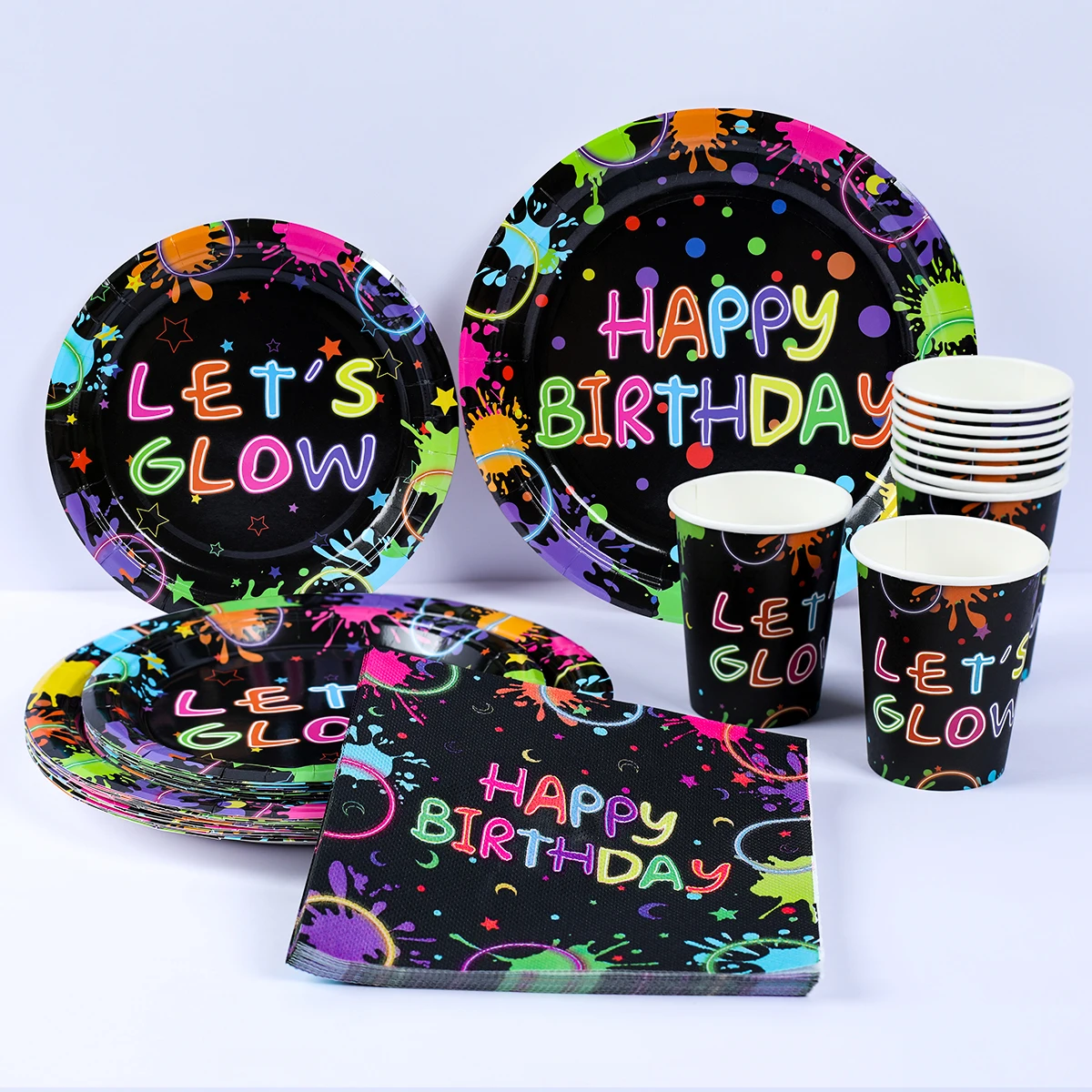 Let's Glow In The Dark Party Tableware Tablecloth Cup Plates Banner Napkins straws Balloons Neon Glow Birthday Party Decoration