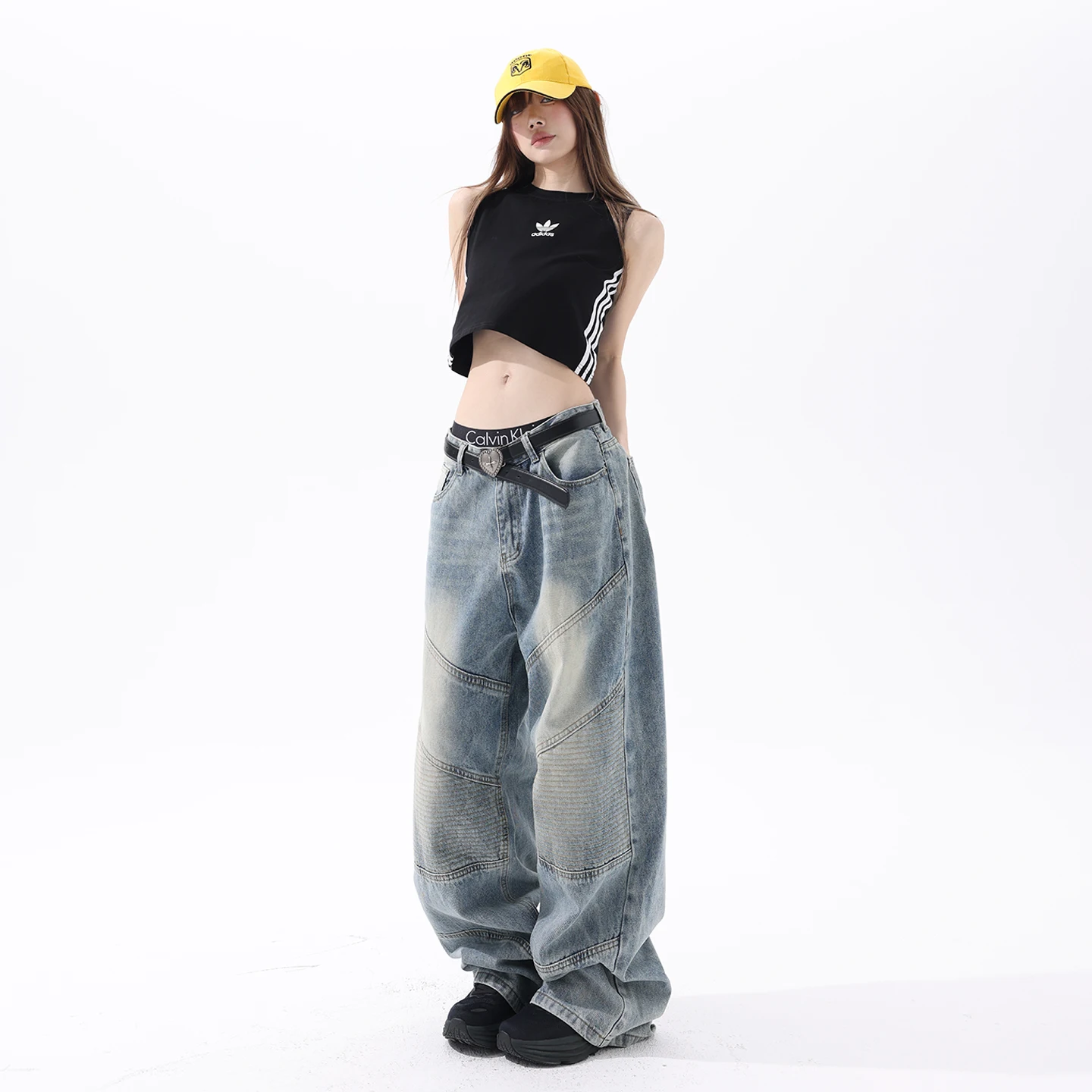 2026 Unisex Streetwear Hip Hop Baggy Straight-Leg Jeans Washed Blue Spliced Distressed Cargo Pants Casual Denim Pants