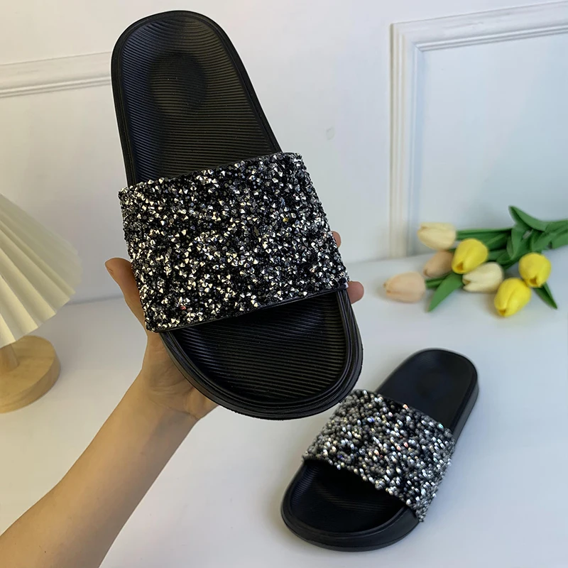 Summer Models Shoes Simple Fashion Women\'s Slippers Leisure Home Masonry Sequins EVA Lightweight Comfortable Black Flat