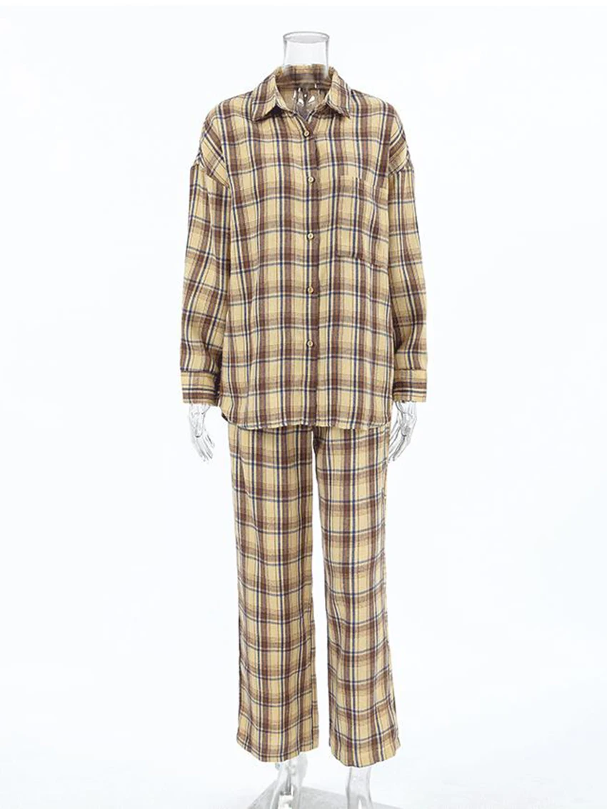 Marthaqiqi Plaid Female Sleepwear Set Long Sleeve Nightgowns Turn-Down Collar Pajamas Pants Casual Women Nightwear 2 Piece Suits