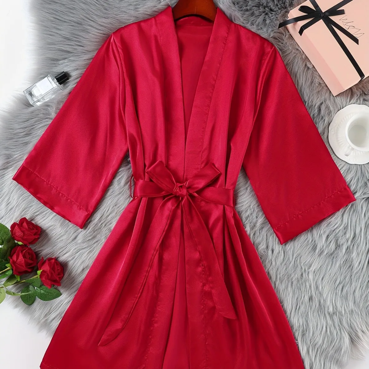 Women's Pajamas Silk Nightgown Solid Color Ding Simulation Silk Morning Gown Fashionable Sexy Sleeping Pajamas Loungewear