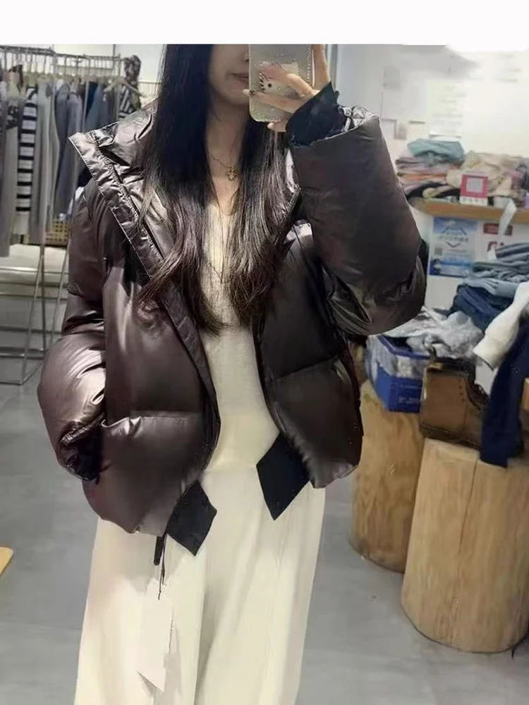 

Women's Thiened High Fluffy White Du down Jaet Coat ort Hat Inteated Bread Sle Warm Outerwear Long Sve Zipper