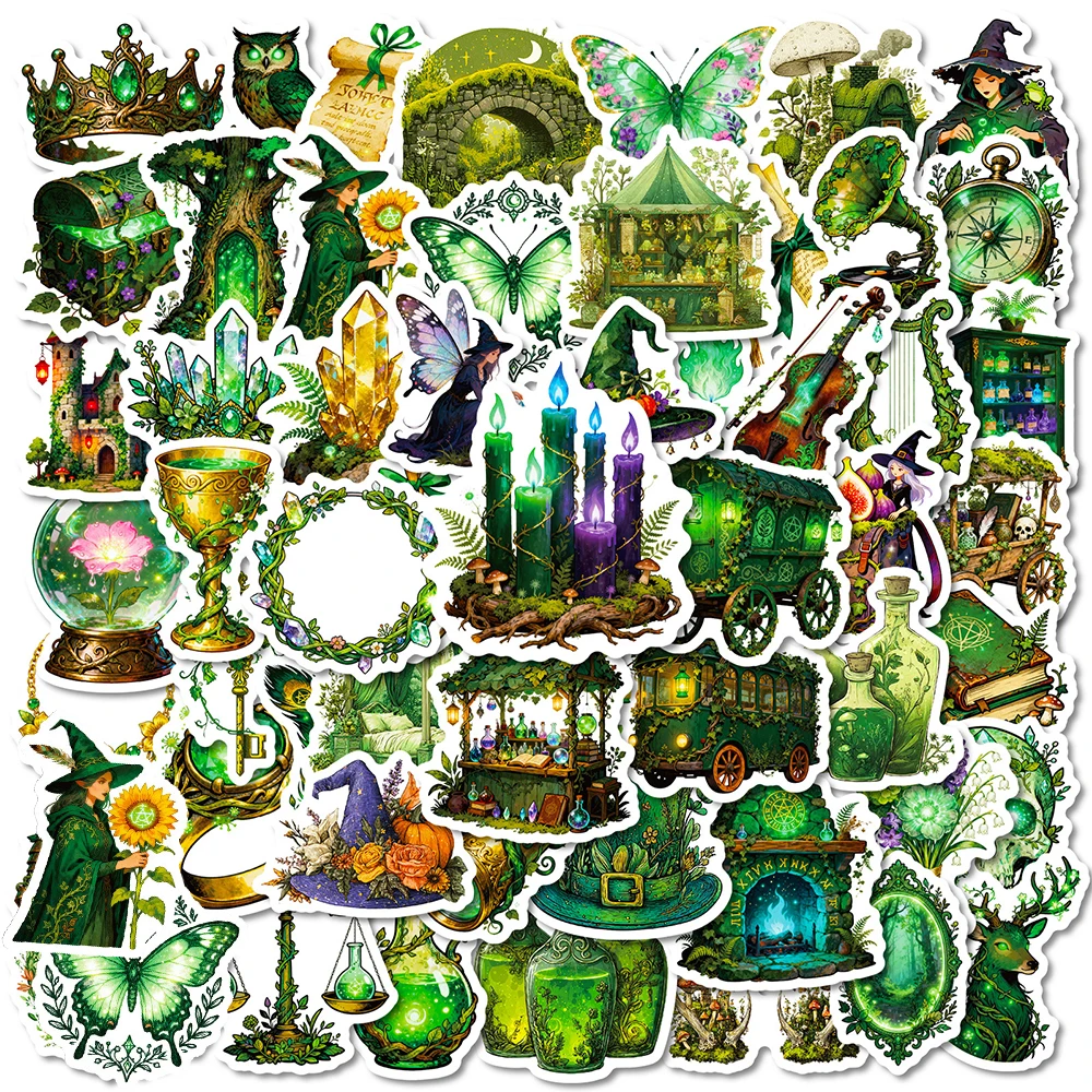 10/30/56 pièces forêt magique sorcière Graffiti autocollants vert Vintage esthétique décalcomanies bricolage cahier bagages téléphone dessin animé autocollant décor
