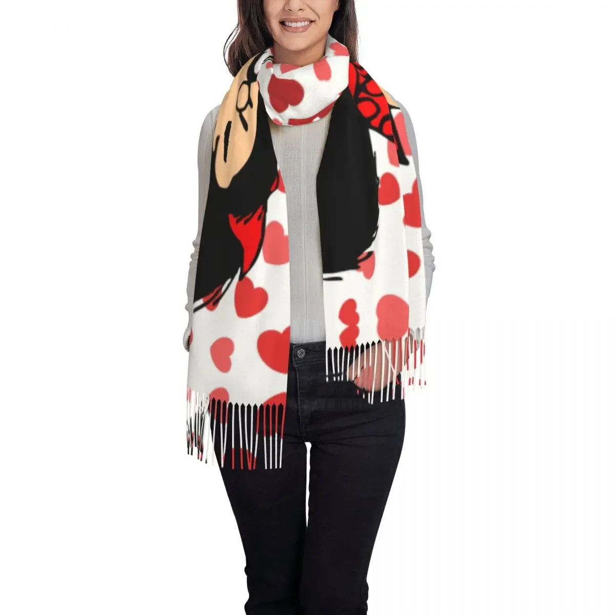 Mafalda Power With A Surprised Face Tassel Scarf Women Soft Quino Kawaii Cartoon Shawl Wrap Ladies Winter Fall Scarves