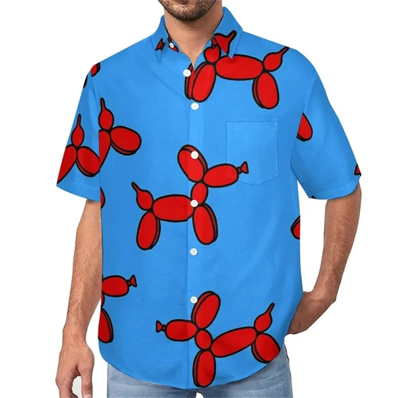 Balloon Dog Casual Loose shirt Red Animal Print Beach Shirt Hawaiian Short sleeve shirt Men print large size