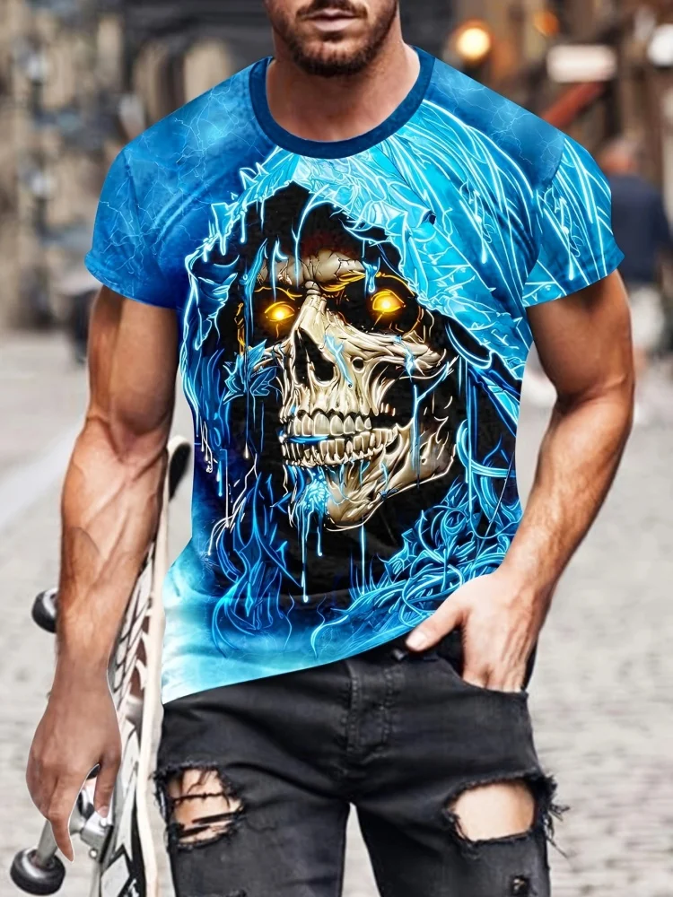 

Мужская футболка с принтом черепа, повседневные футболки с коротким рукавом и круглым вырезом, модная мужская футболка, уличная свободная повседневная удобная одежда, топы