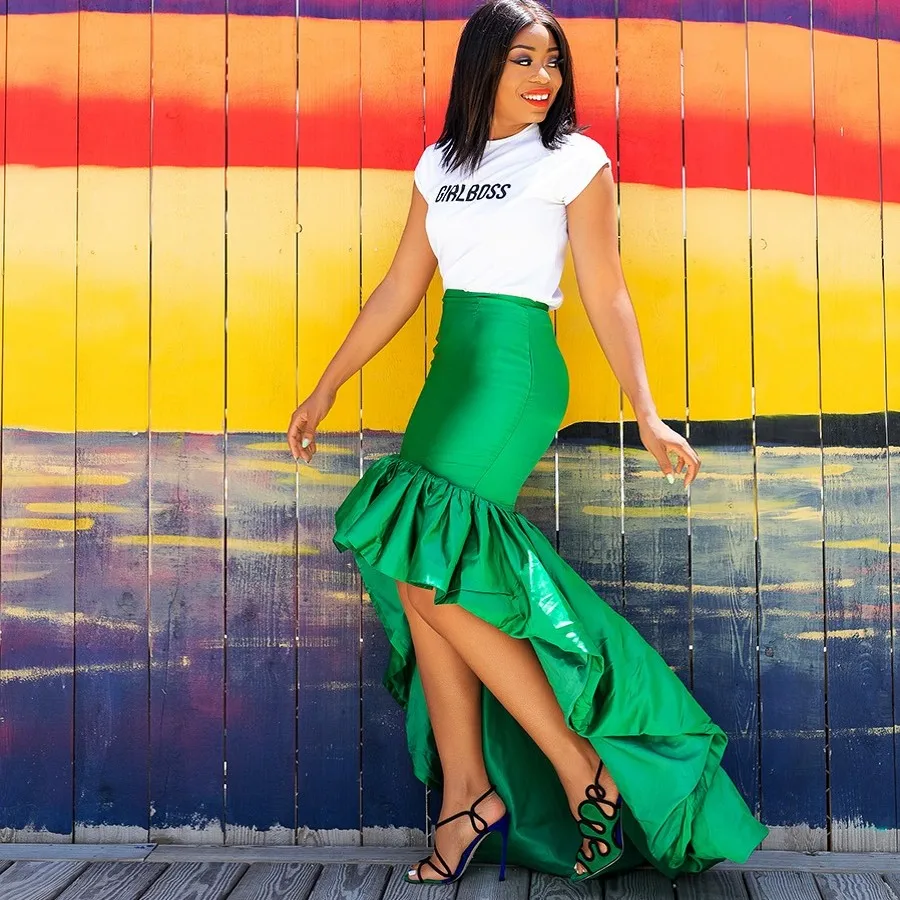 

Fashion Emerald Green Asymmereical Women Skirts With Edible Tree Fungus Long High Low Female Skirt