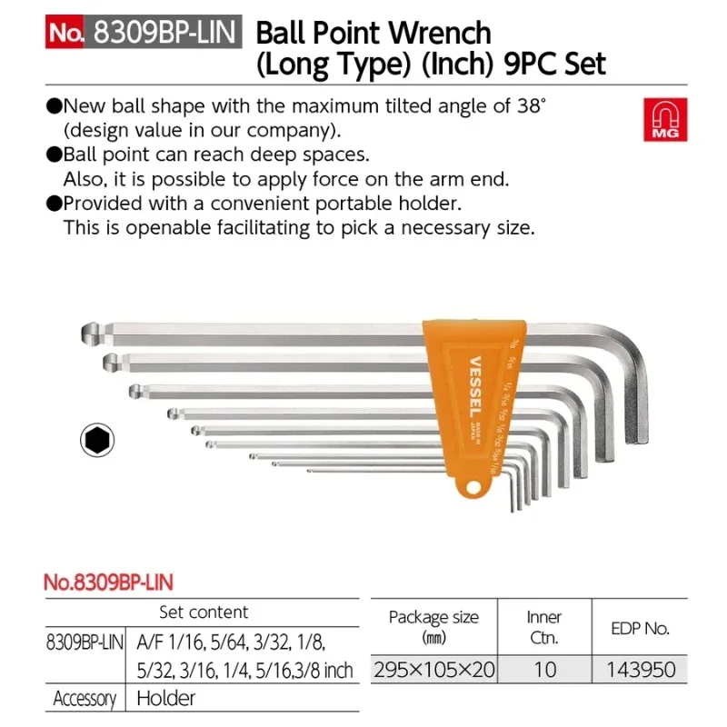 VESSEL 8309BP-LIN Juego de llaves hexagonales de bola JIS 1/16''3/8'' 1/8'' 5/32'' 3/16'' 5/16'' 1/4'' 5/64'' L Herramientas extralargas