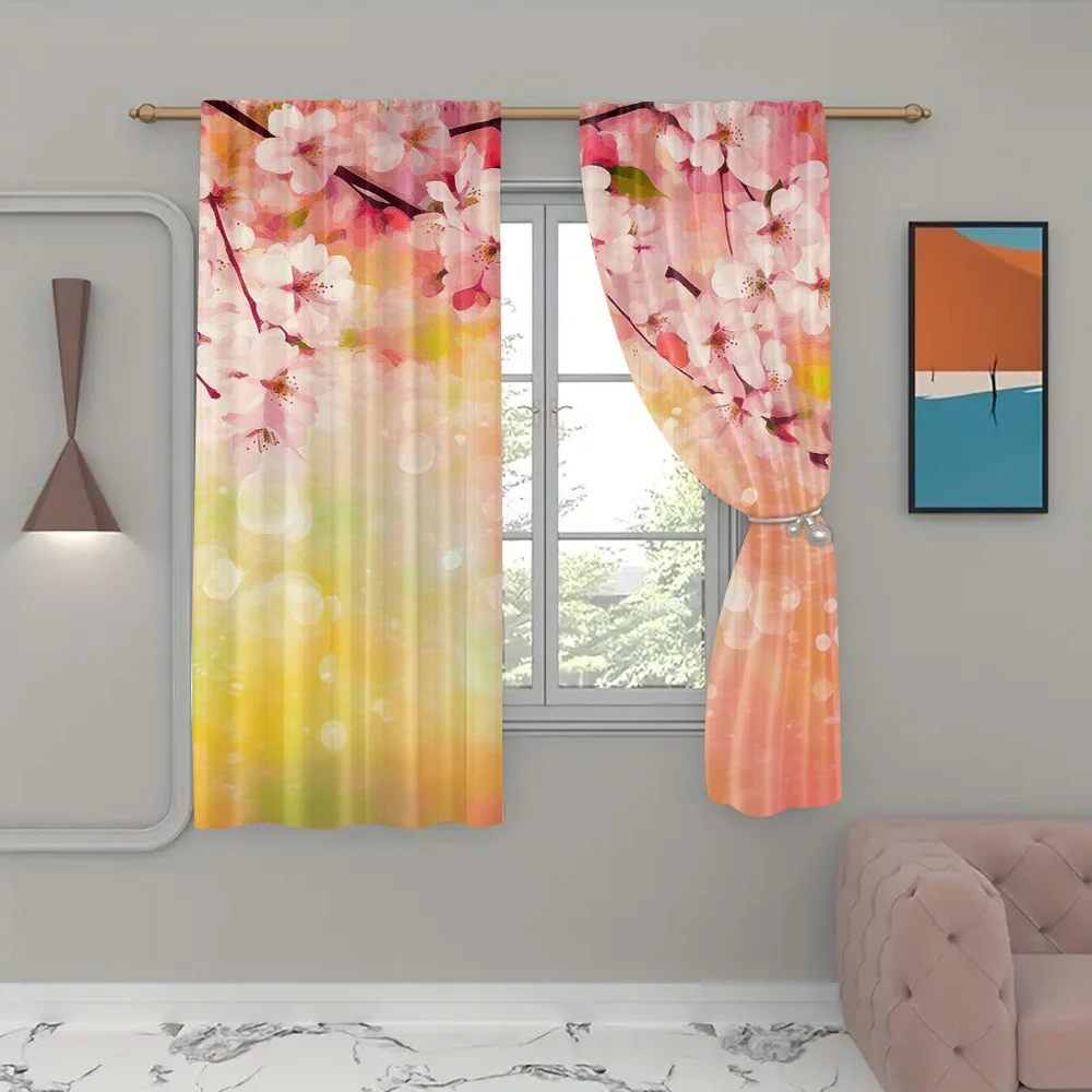 2Pcs Nature Curtains Japanese Cherry Sakura Floral Art In Soft Color Over Blurred Background Living Room Bedroom Window