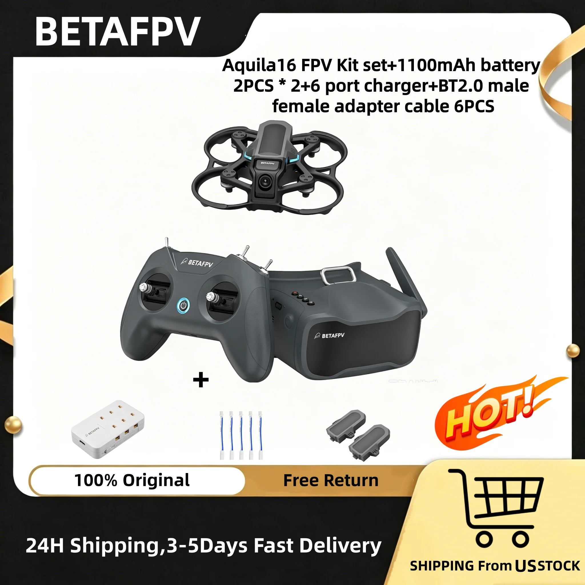 BETAFPV Aquila16 FPV Kit Set+1100mAh Battery 2PCS * 2+6 Port Charger+BT2.0 Male Female Adapter Cable 6PCS Male Female Adapter Cable 6PCS FPV Drone Mini Drone FPV