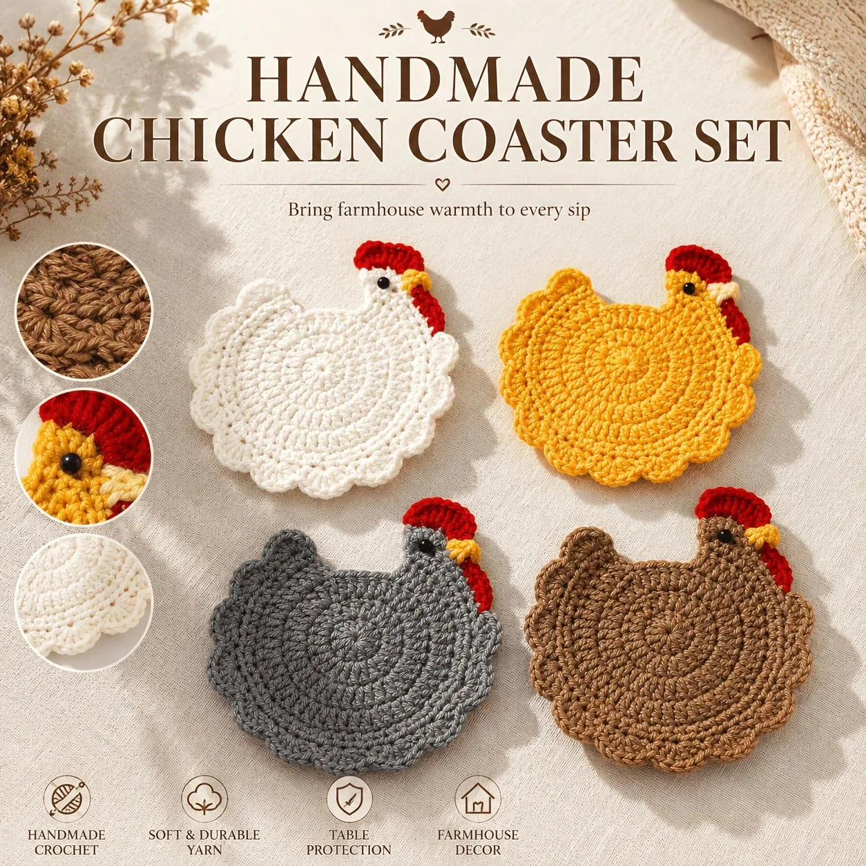 1pc Handmade Crochet Chick Coaster, Farmhouse Style Table Decor, Cute Mug Coaster, Themed Drink Coaster, Adorable Desk Accessory, Home Decor, Tabletop Protection, Must-Have For Crazy Chicken Ladies