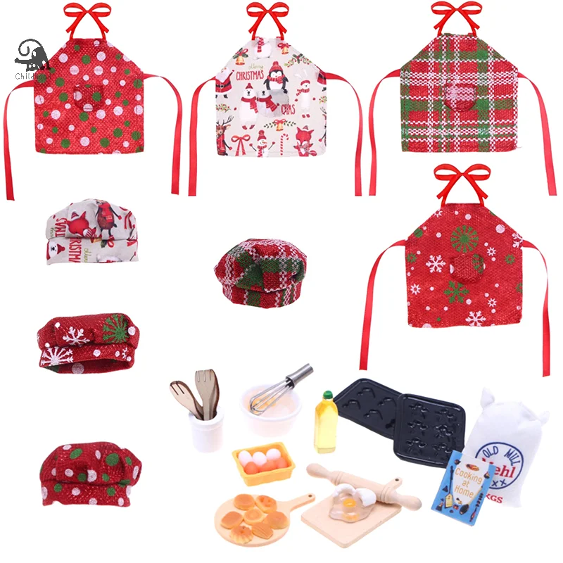 1 Set Chef-Kok Hoed Mini Schort Kleding Deegroller Eierklopper Bakplaten Kookblad Poppenhuis Kerstpop Kookpakket