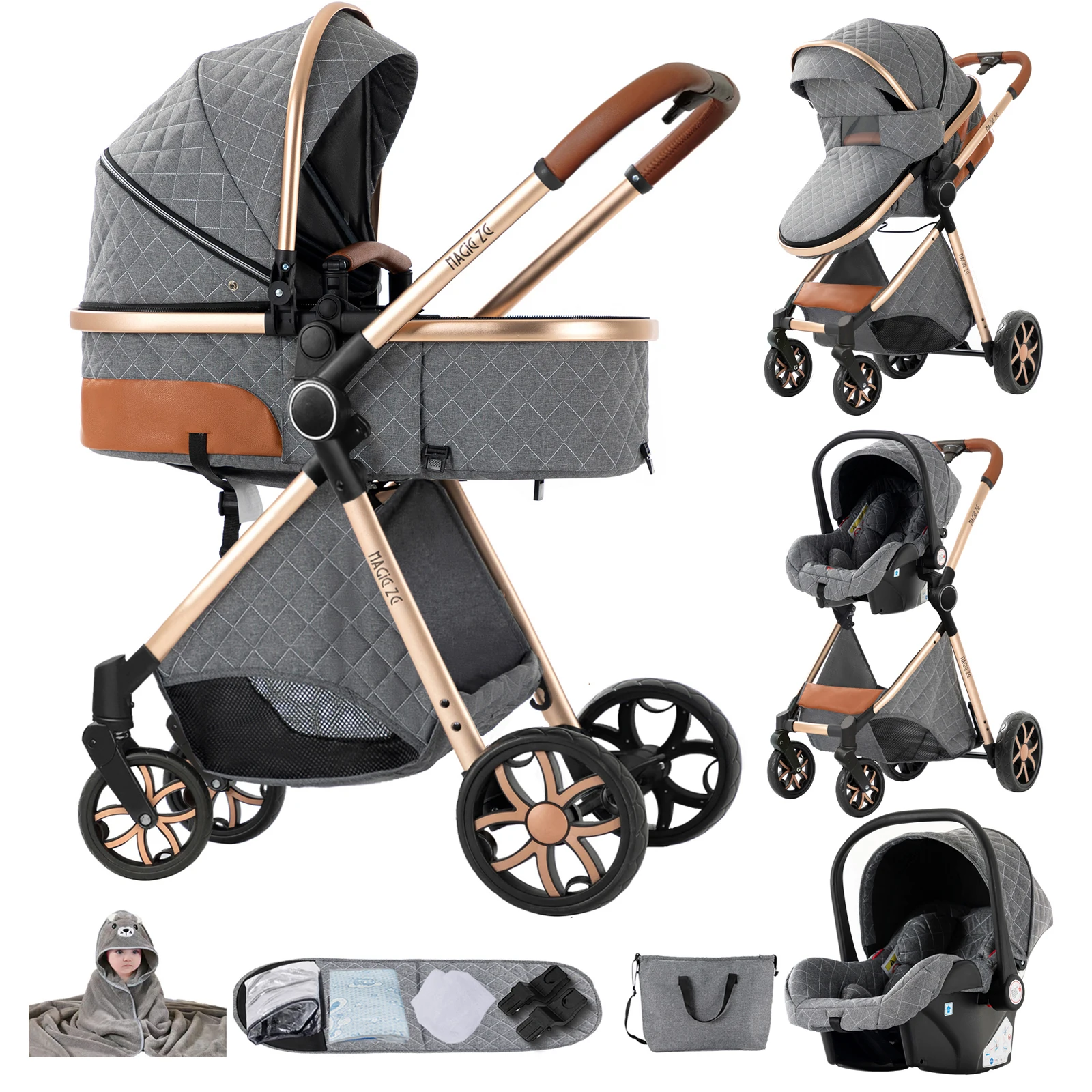 Luxe kinderwagen 3-in-1 met autostoel, vijfpuntsgordel voor pasgeborenen, vierwielige kinderwagen, schokdempende, opvouwbare babyreiswieg voor vliegtuigreizen en lange reizen, kinderwagen met