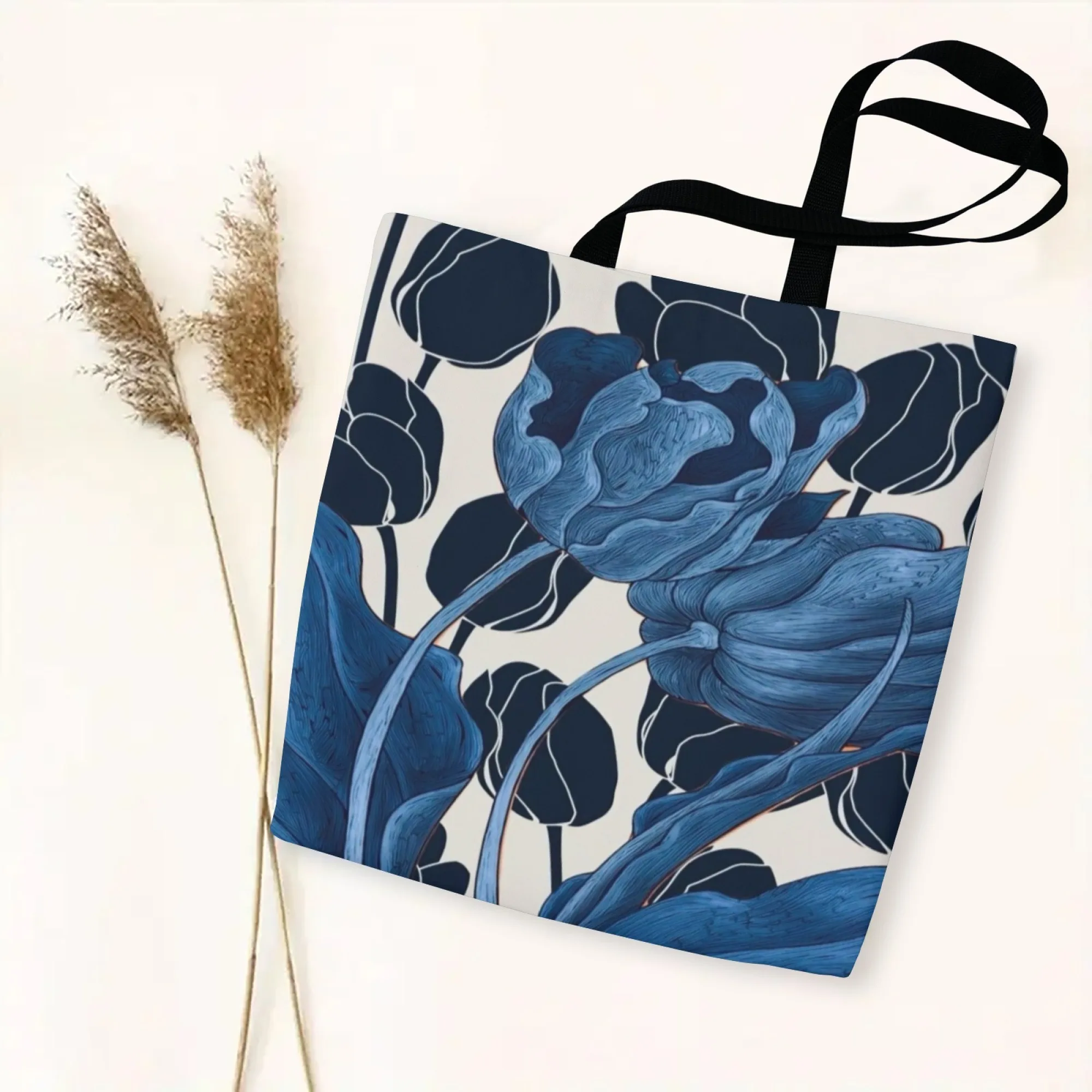 Sac fourre-tout élégant en toile d'art tulipe bleue pour femmes, sac à bandoulière artistique à fleurs, grande capacité, écologique, réutilisable, idéal pour les voyages artistiques