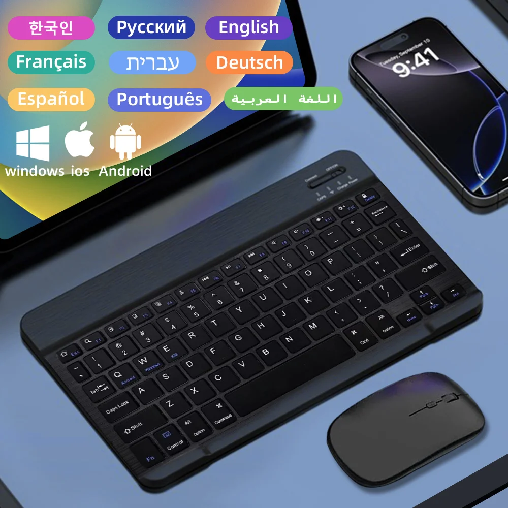

Беспроводная Bluetooth-клавиатура и мышь для планшетов Xiaomi Samsung для iPad Air Pro Mini Silent Office Keyboard Испанский Арабский