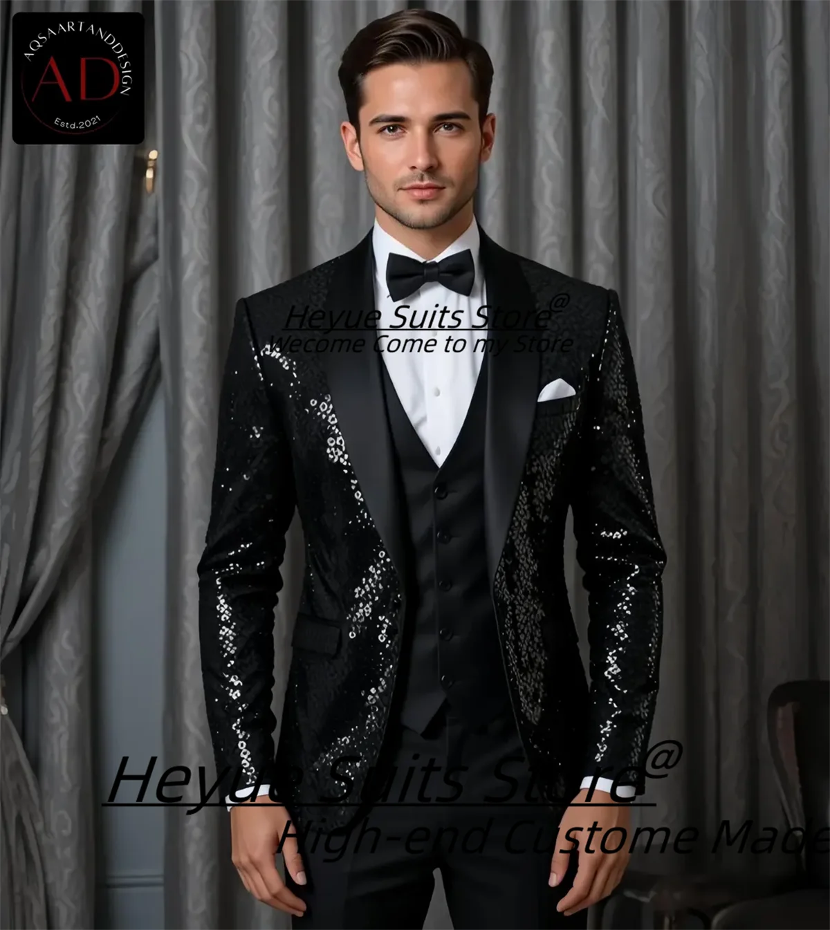 

Высококачественные черные свадебные смокинги для жениха с блестками, индивидуальные приталенные мужские костюмы с шалью и лацканами, мужские пиджаки для выпускного вечера, комплекты из 3 предметов, костюм Homme