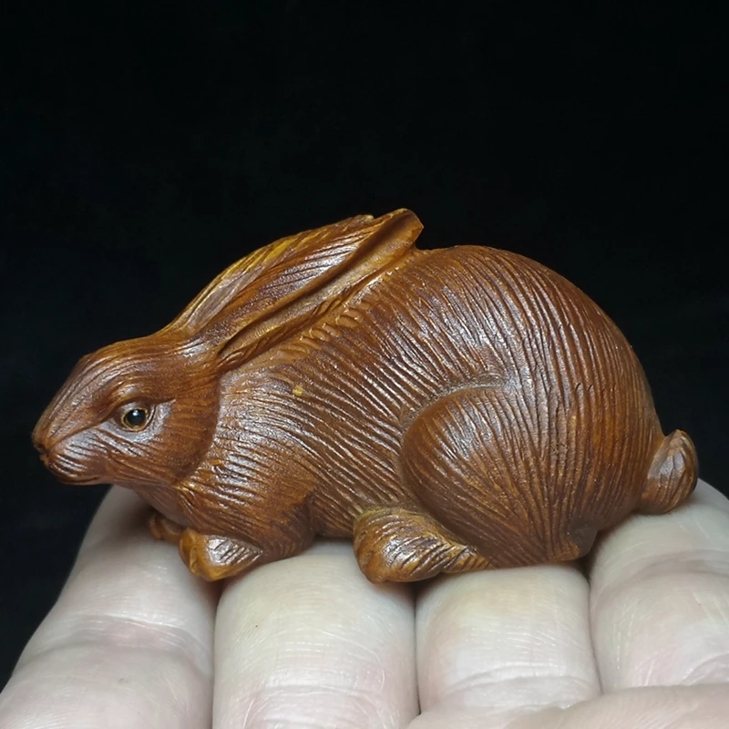 1919 Antique art Size 2.5 Inch Chinese Boxwood Wood hand carved Rabbit Figurine Statue Netsuke Gift Collection