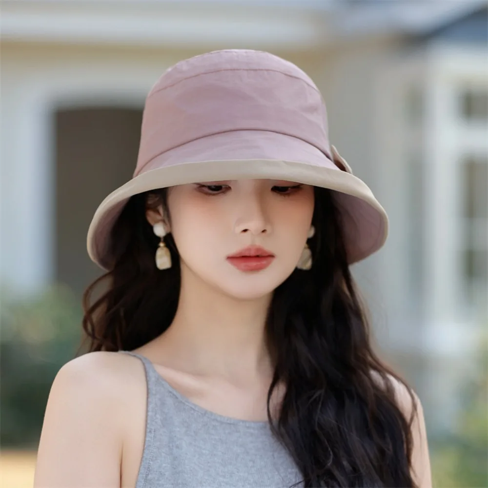 

Elegant Bow Fisherman Hat UV Protection Foldable Woman Sun Hat Wide Brim Sunshade Sunscreen Bucket Cap Mountaineering