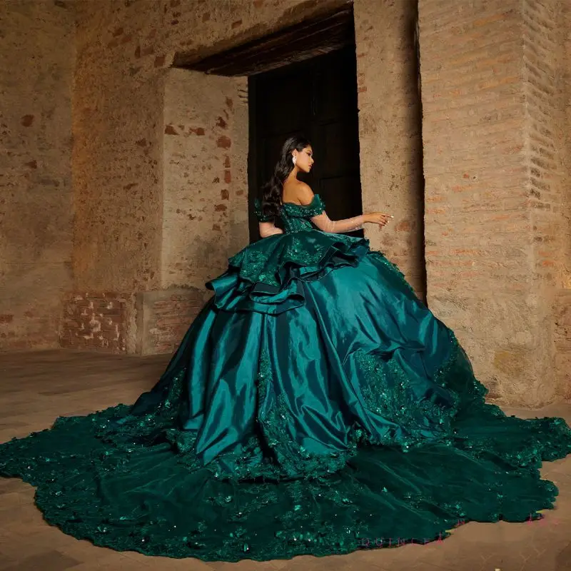 EVLAST Customized Emerald Green Quinceanera Dress Ball Gown 3D Floral Applique Beaded Corset Sweet 16 Vestidos De XV 15 Anos SQ3