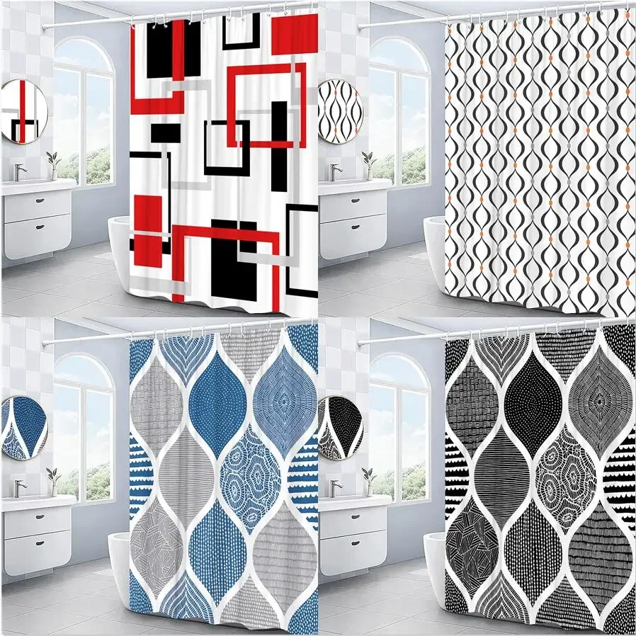 Creative Geometric Shower Curtains Red Black Gray Blue Simple Frame Graphic Print Polyester Fabric Bathroom Decor Bath Curtain