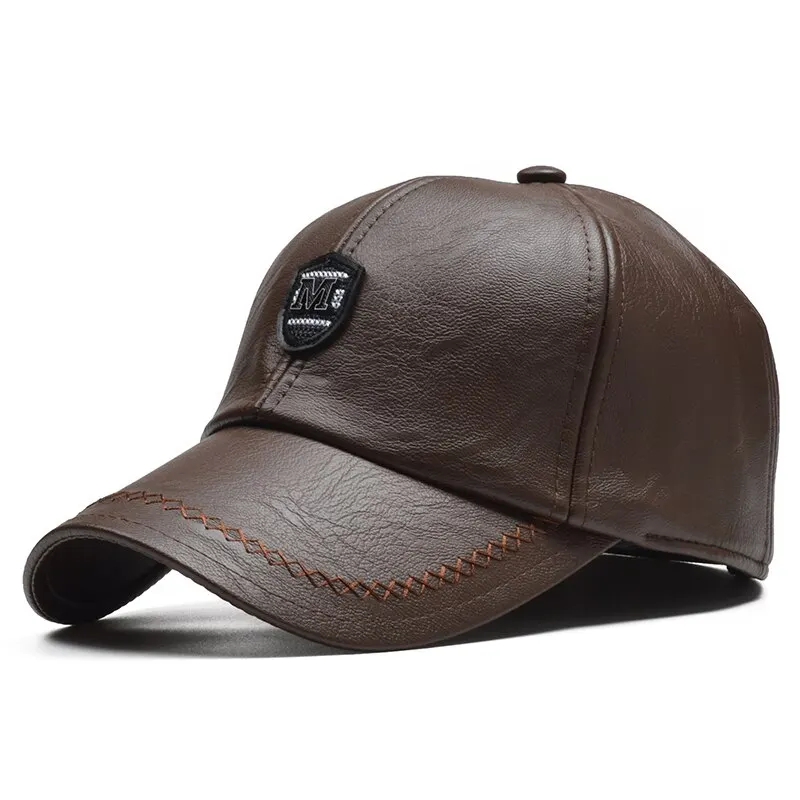 M Label Pu Leather Baseball Caps Spring and Autumn Outdoor Adjustable Casual Hats Sunscreen Hat