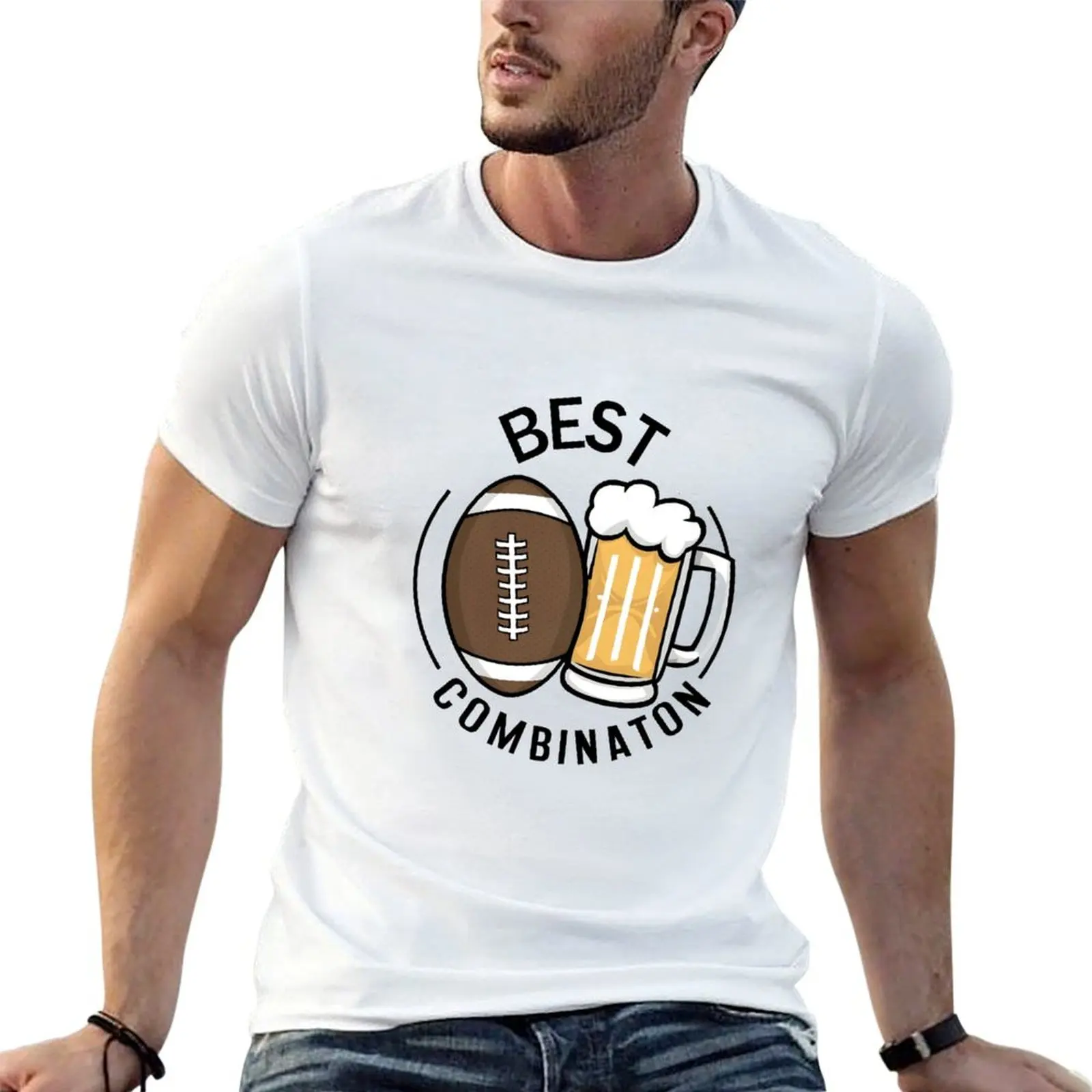 Best Combination beer and Football T-Shirt Large Size Soft Cotton T-Shirt