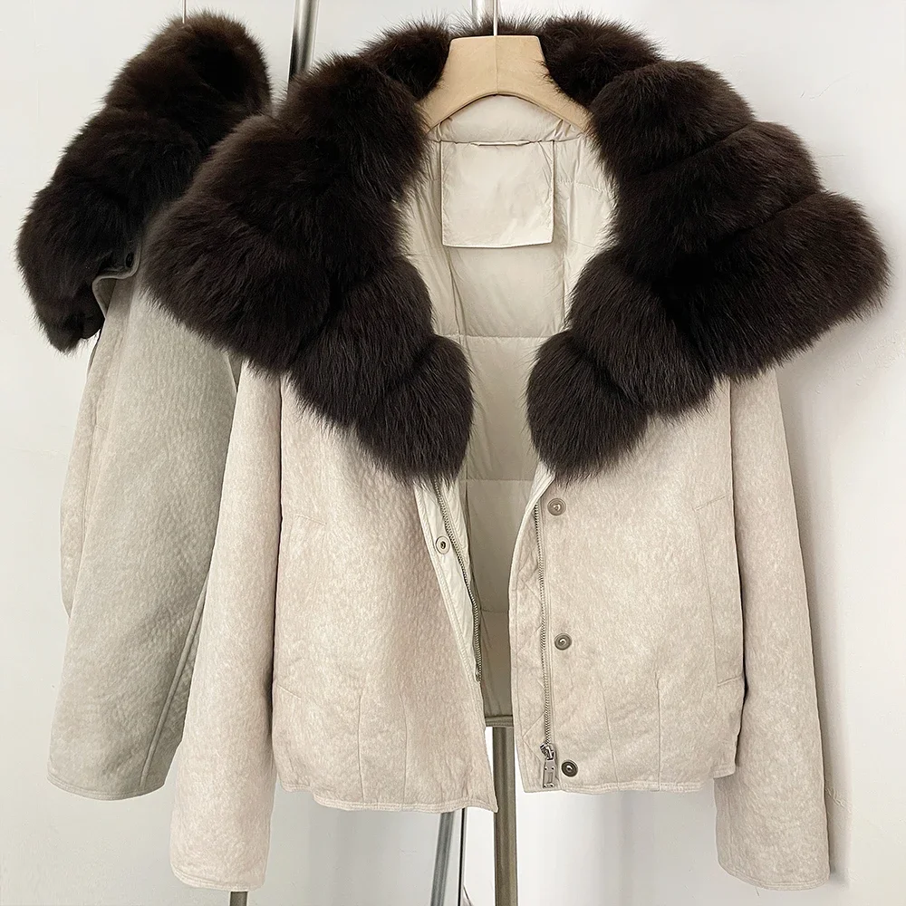 OFTBUY Damen-Daunenjacke mit großem Fuchspelzkragen, Winter-Warme Entendaunenjacke, kurze Reißverschlussjacke mit Pelz für Damen – Detail 15