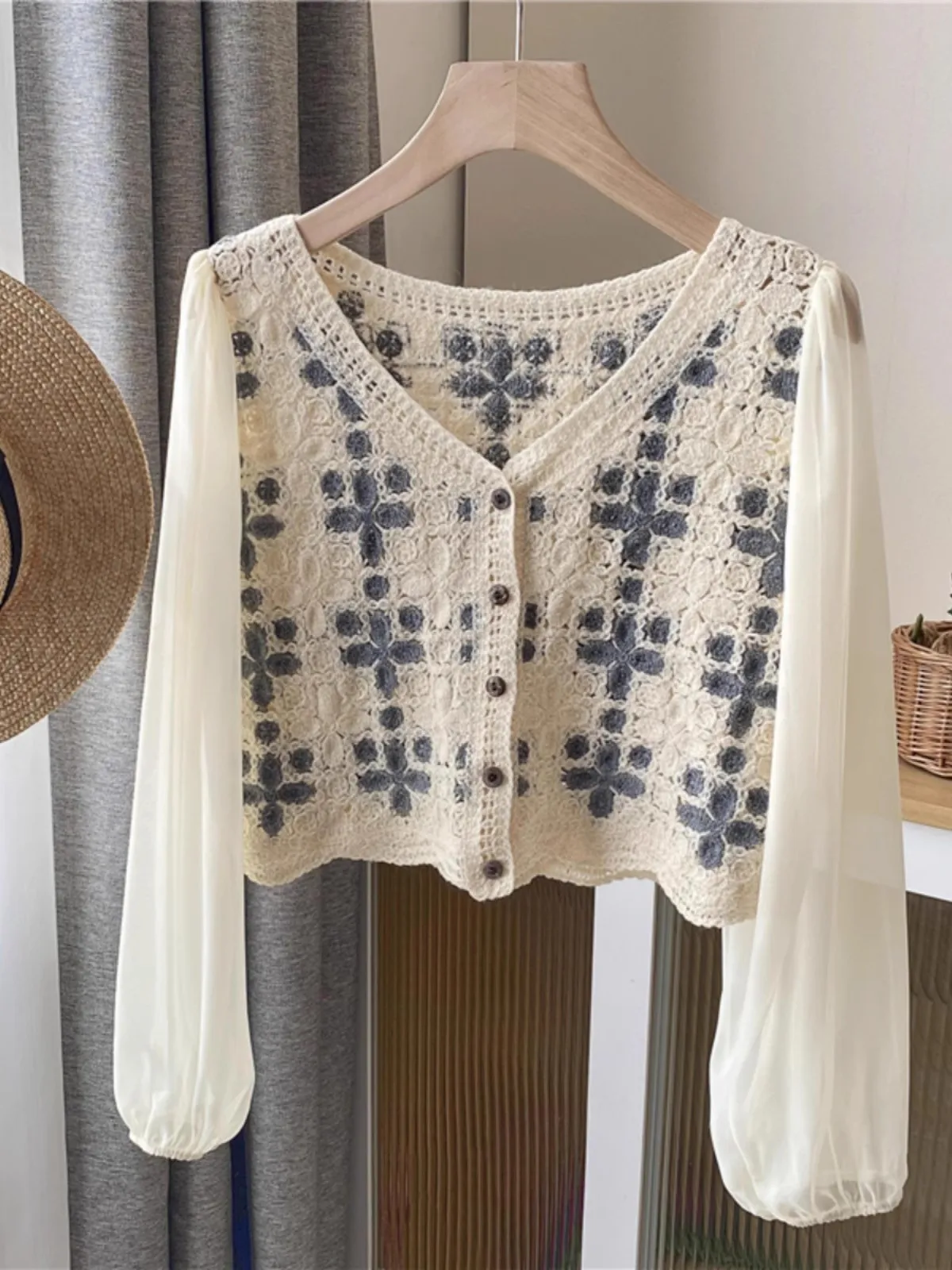 여성 블라우스 크로 셰 뜨개질 니트 퍼프 슬리브 버튼 프론트 오픈 워크 자르기 탑 여름 십대 소녀 보헤미안 비치 페스티벌 복장