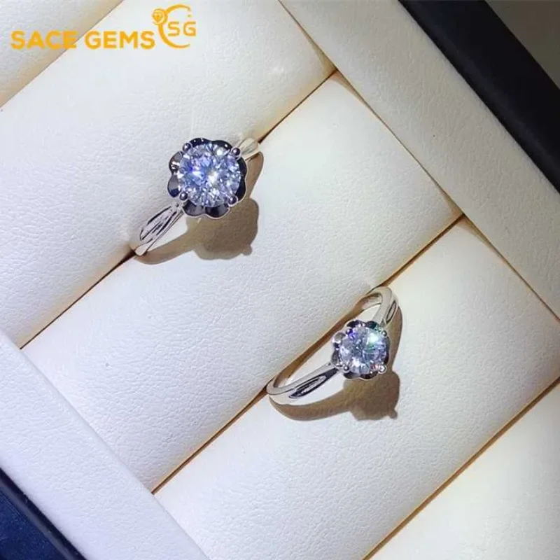 

SACE GEMS GRA Certified D Color 1ct Moissanite Ring 925 Sterling Silver Plated with 18k White Gold Ring for Women Fine Jewelry